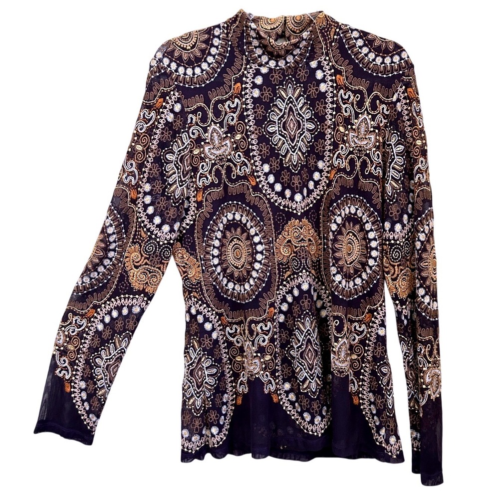 Johnny Was Jade Size Large Purple Brown Embroidered Mesh Mock Boho Fairy Western